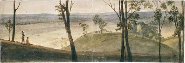View of the farm of J. Hassel [Hassall] Esqr. Cow Pastures, New South Wales by Augustus Earle, c. 1825. State Library of NSW PXD 265, f. 2