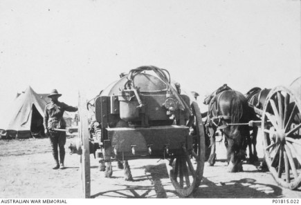 Soldiers using horse drawn water wagon of the type that would have been used at Narellan Military Camp around 1941. This is a WW1 scene from Egypt.