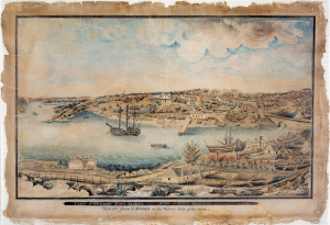 Port Jackson and view of Botatical Garden 1803 JW Lancashire SLNSW
