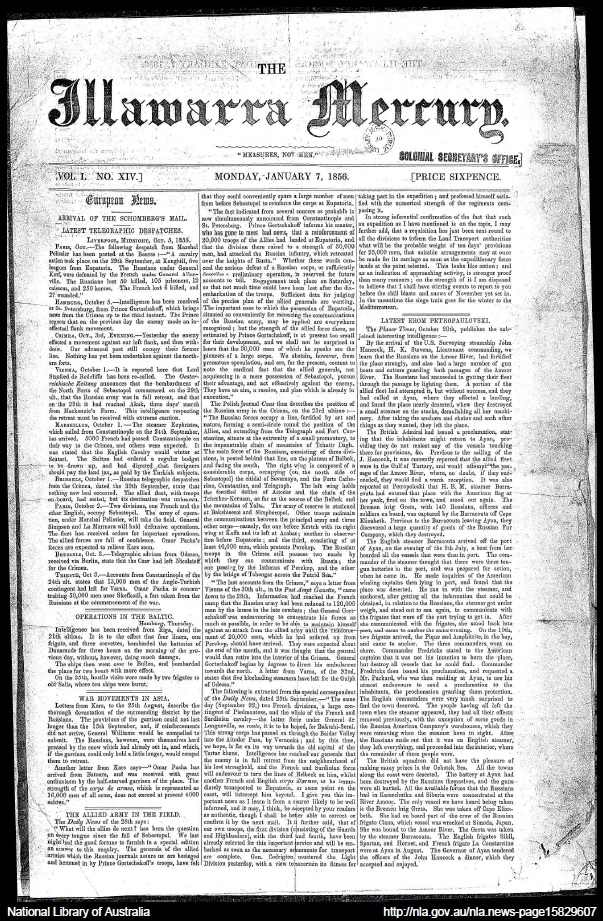 Newspaper Illawarra Mercury 1856Jan7